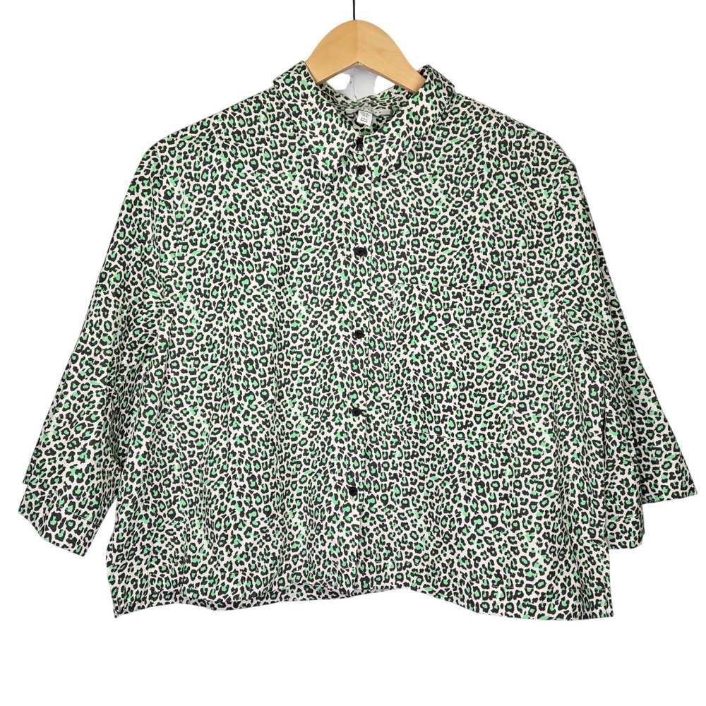Topshop Green‎ Leopard Print Cropped Button Down Shirt US 8 Cotton F102585